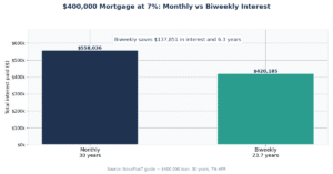 Bar chart: total interest on a $400,000 mortgage at 7% — $558,036 monthly over 30 years vs $420,185 biweekly over 23.7 years
